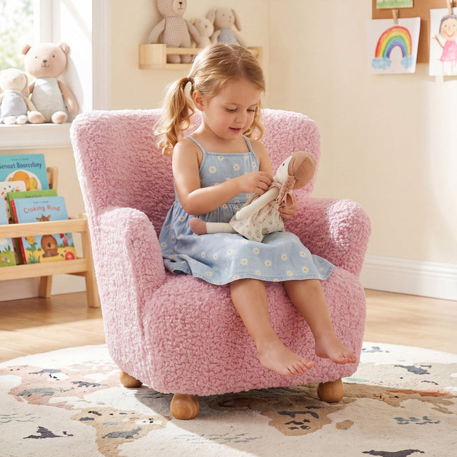 Kids Sherpa Armchair with Solid Wood Legs - Light Pink