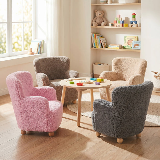 Kids Sherpa Armchair with Solid Wood Legs - Light Pink