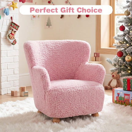 Kids Sherpa Armchair with Solid Wood Legs - Light Pink