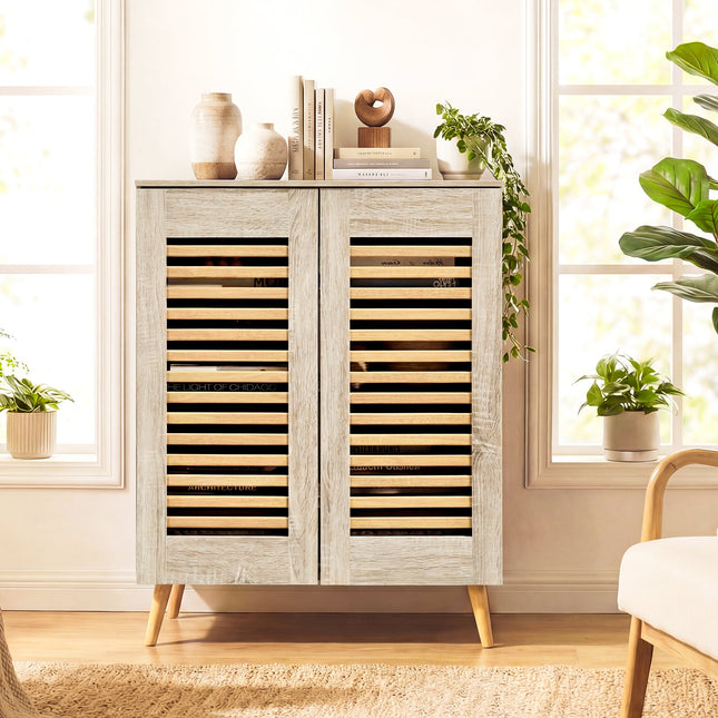 Shoe Cabinet with Louvered Doors and Removable Shelves