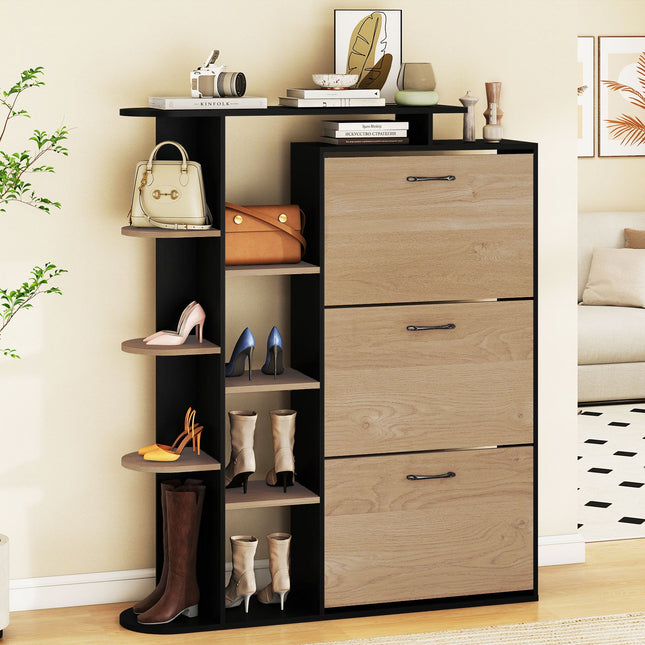 Shoe Cabinet with Open Shelves Modern Shoe Organizer with 3 Flip Drawers