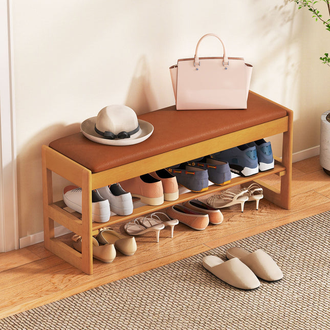 Shoe Rack Bench with Storage 2-Tier Rubberwood Entryway Bench with Flip-Open Storage