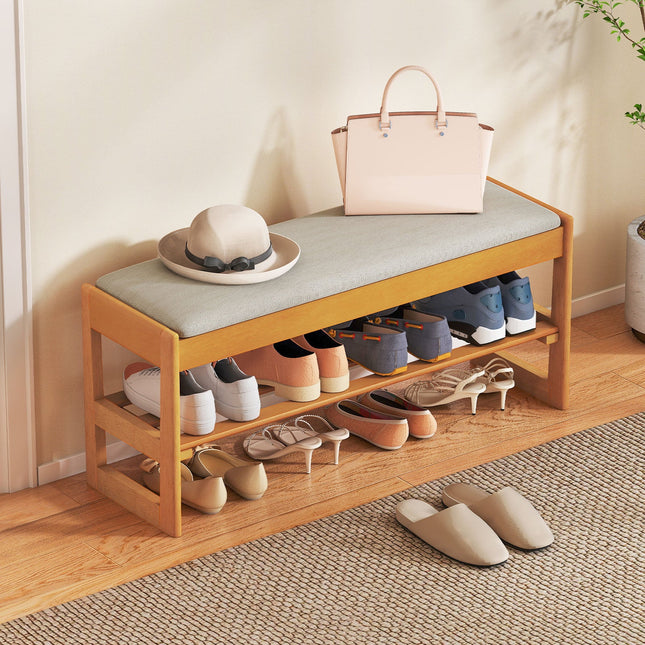 Shoe Rack Bench with Storage 2-Tier Rubberwood Entryway Bench with Flip-Open Storage