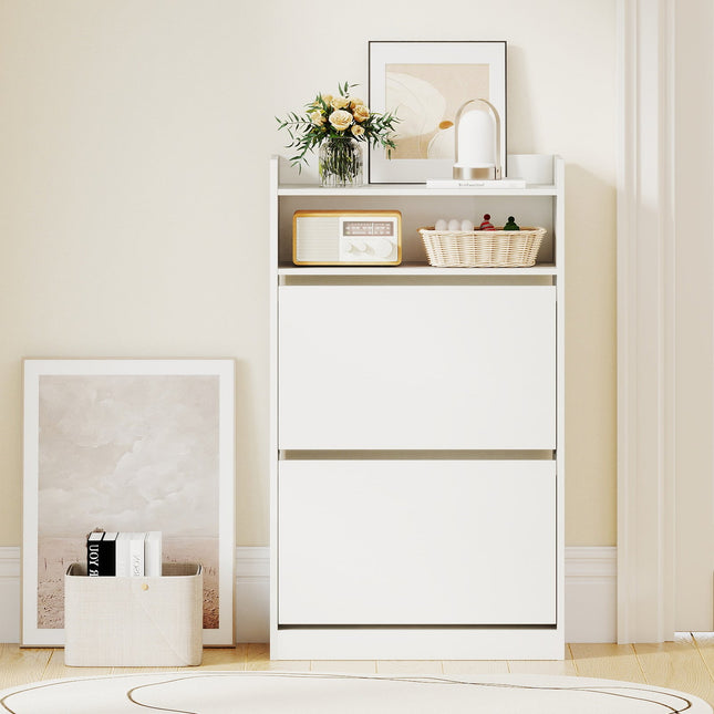 Shoe Storage Cabinet Hidden Shoe Rack with 2 Flip Drawers Adjustable and Removable Shelves-White