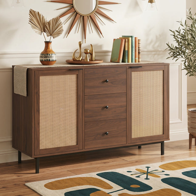 Sideboard Buffet Cabinet with Rattan Doors and 3 Drawers
