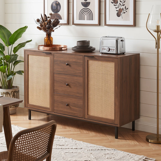 Sideboard Buffet Cabinet with Rattan Doors and 3 Drawers