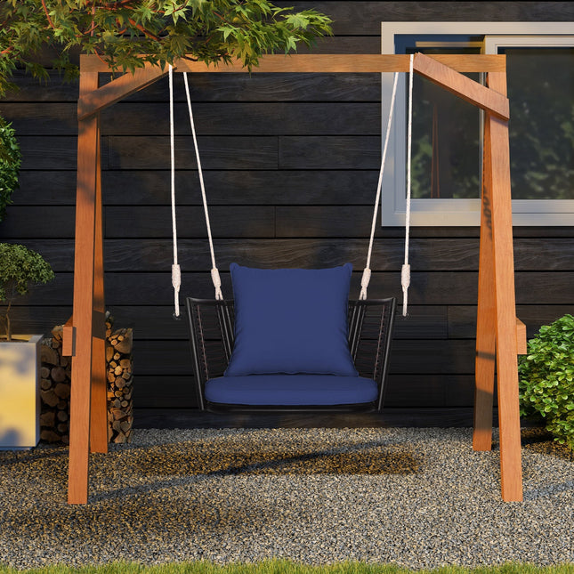 Single Person Hanging Seat with Woven Rattan Backrest for Backyard