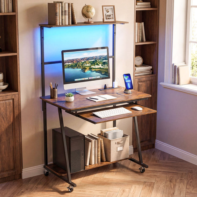 Small Computer Desk with Charging Station and LED Lights and Wheels