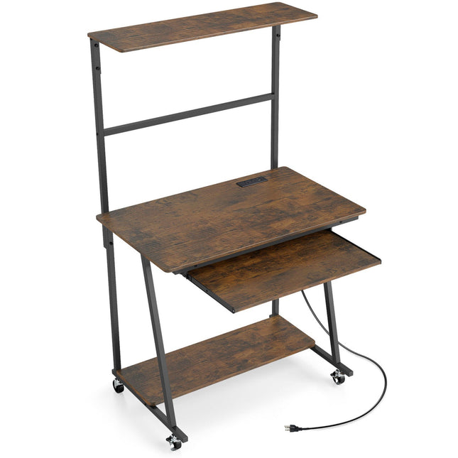 Small Computer Desk with Charging Station and LED Lights and Wheels