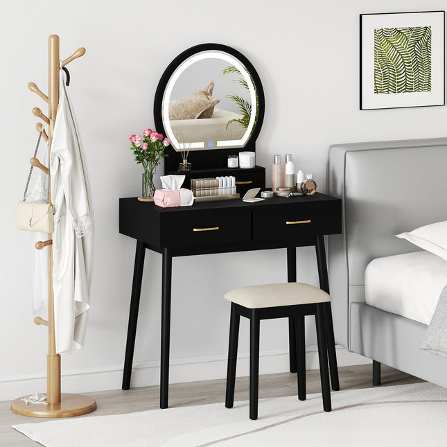 Small Vanity Makeup Dressing Table Set with Cushioned Stool and LED Lighted Mirror