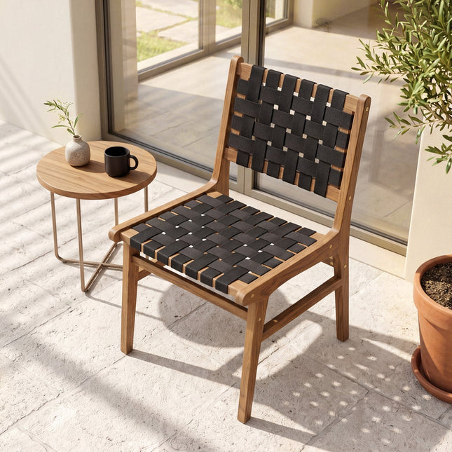 Teak Wood Outdoor Dining Chair with Woven Strap Back