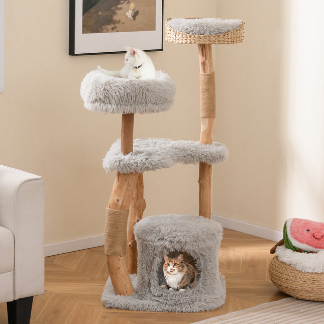 Solid Wood Cat Tower with Top Cattail Basket Cat Bed
