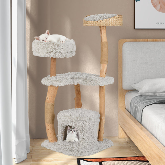 Solid Wood Cat Tower with Top Cattail Basket Cat Bed