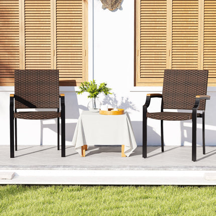 Stacking Wicker Chairs Set of 2 Patio Rattan Dining Chairs with Acacia Wood Armrests