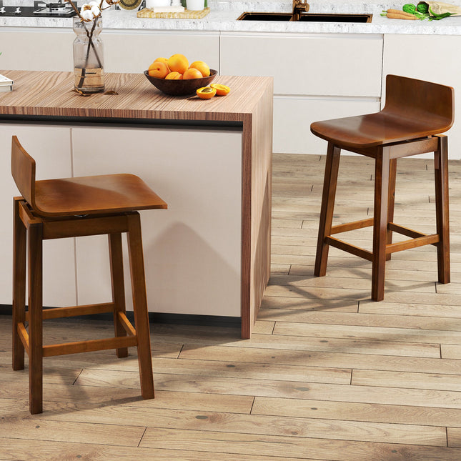 24.5 Inch Swivel Wooden Bar Stools Set of 2 with Rubber Wood Legs and Low Back