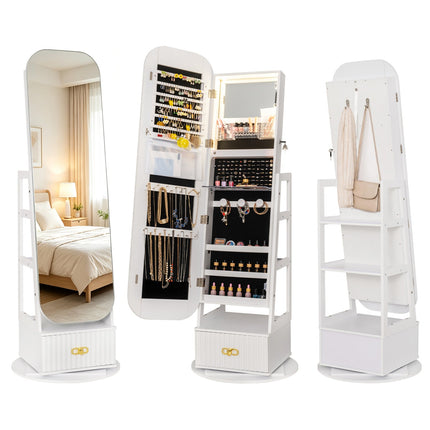Swivel Jewelry Cabinet with Full-Length Mirror and LED Lights
