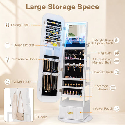 Swivel Jewelry Cabinet with Full-Length Mirror and LED Lights