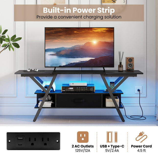 TV Stand for 65 Inch TVs with Power Outlets and LED Lights