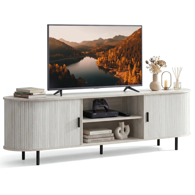 TV Stand for 80 Inch TVs Mid Century Modern Entertainment Center with Fluted Sliding Doors