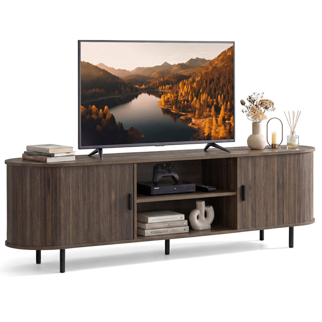 TV Stand for 80 Inch TVs Mid Century Modern Entertainment Center with Fluted Sliding Doors
