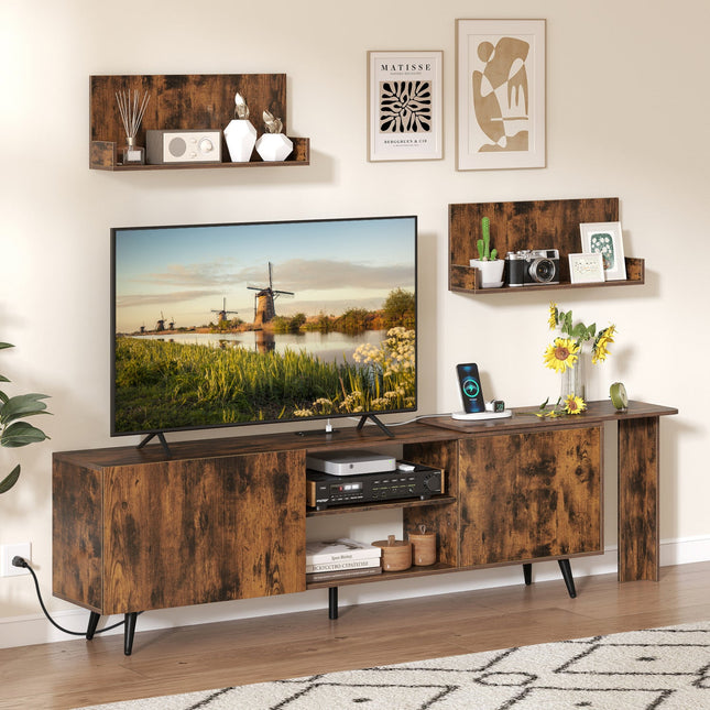 85-Inch TV Stand with Charging Station and Wall Shelves