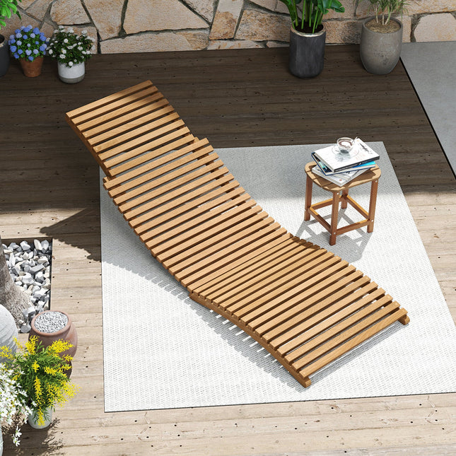 Teak Wood Patio Folding Chaise Lounge Chair with Slatted Seat