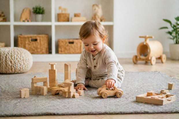 Child playing with wooden toys on a rug in a room with shelves and plants.