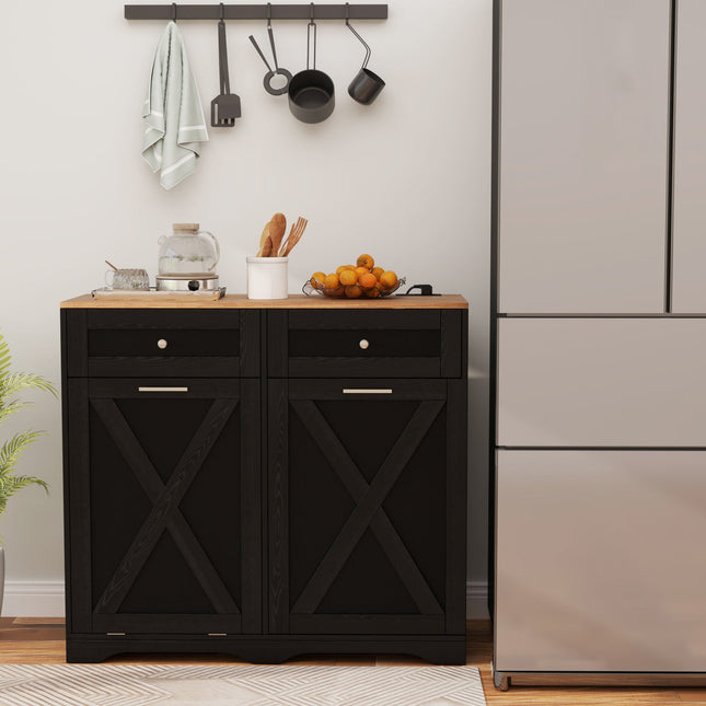 Tilt Out Trash Can Cabinet with Outlets and Adjustable Shelf