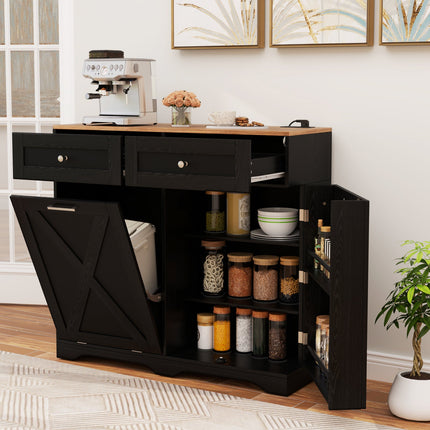 Large Buffet Cabinet Hidden Tilt Out Trash Can Cabinet with 2 Glass Doors