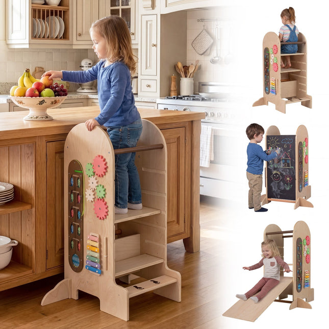 Toddler Standing Tower Kids Step Stool with Adjustable Height Chalkboard and Slide