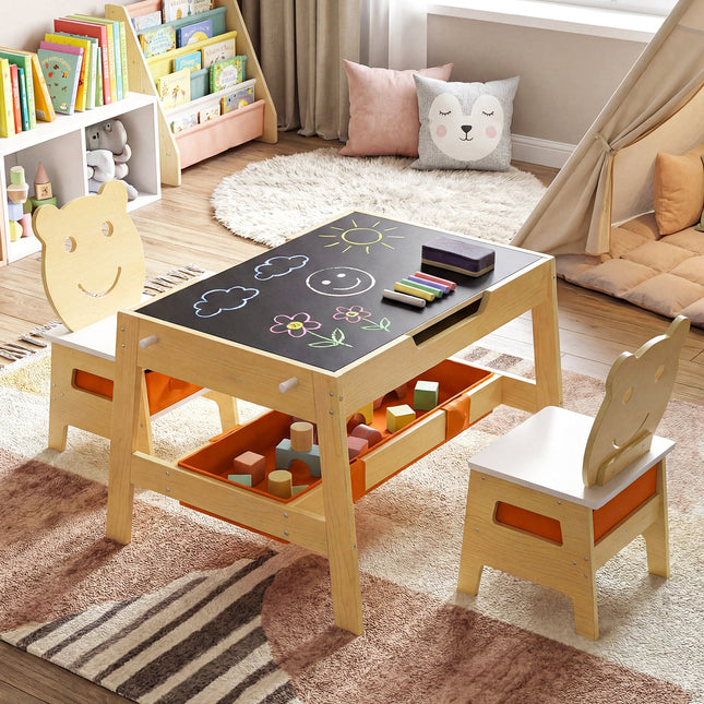 Toddler Table and 2 Chairs 5-in-1 Cute Art Desk Set with Reversible Chalkboard Whiteboard