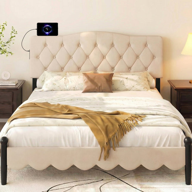 Tufted Upholstered Head Board for Queen and Full Size Bed with 2 AC Outlets