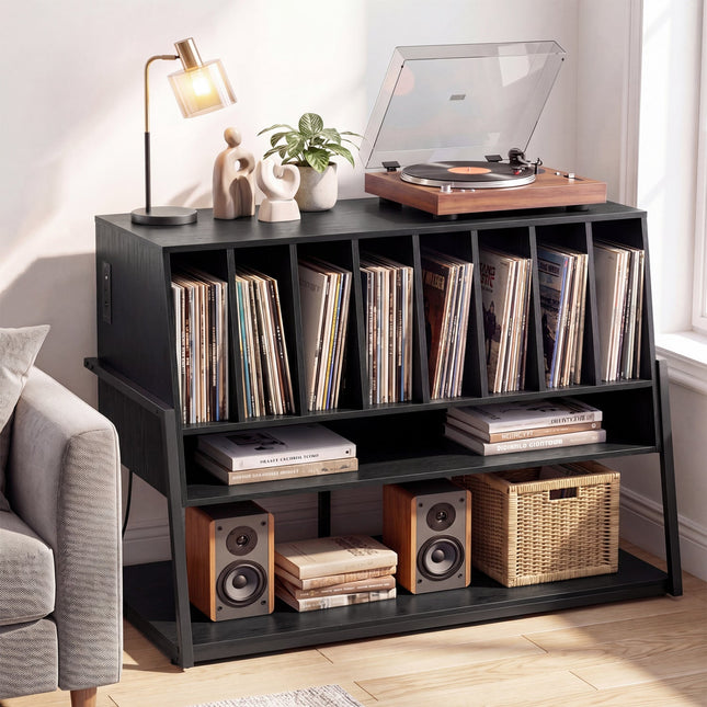 Turntable Stand with Charging Station & Vinyl Storage