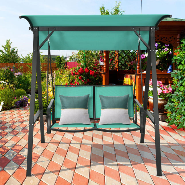 Outdoor Porch Steel Hanging 2-Seat Swing Loveseat with Canopy