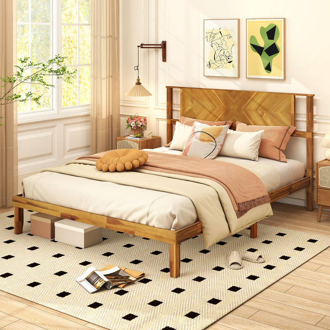 Twin/Full/Queen Size Bed Frame Mid-Century Acacia Wood Platform Bed with Headboard