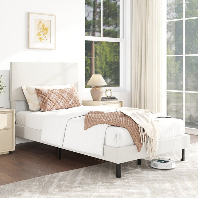 Twin/Full/Queen Size Velvet Bed Frame Upholstered Platform Bed with Chevron Headboard Beige