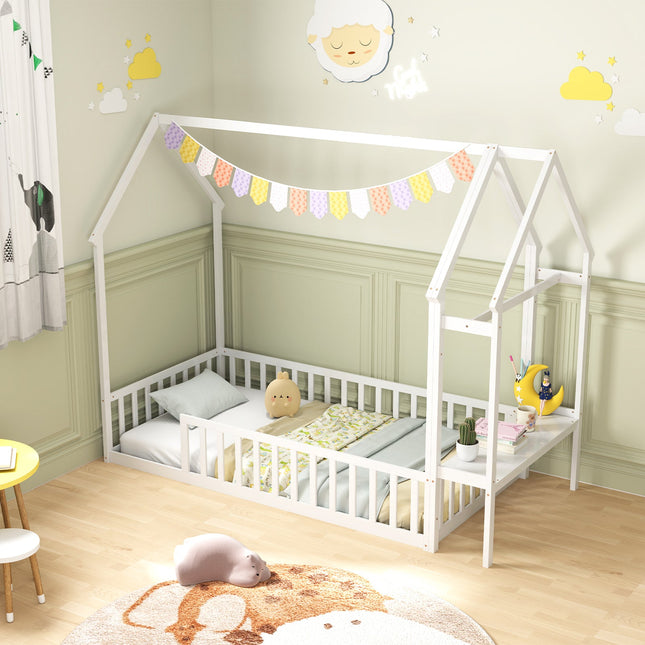 Twin House Floor Bed Montessori Bed Frame with Storage Shelf-White