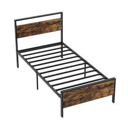 King Metal Bed Frame Industrial Platform Bed with Wooden Headboard