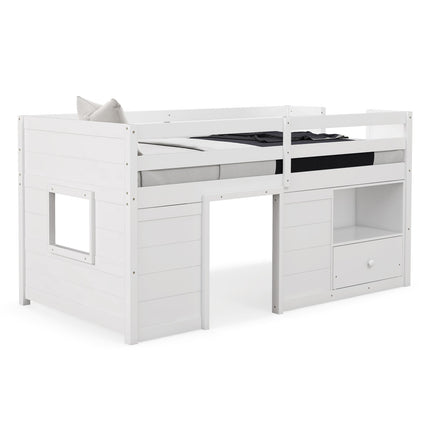 Twin Size Solid Wood Low Loft Bed with Storage and Drawer-White