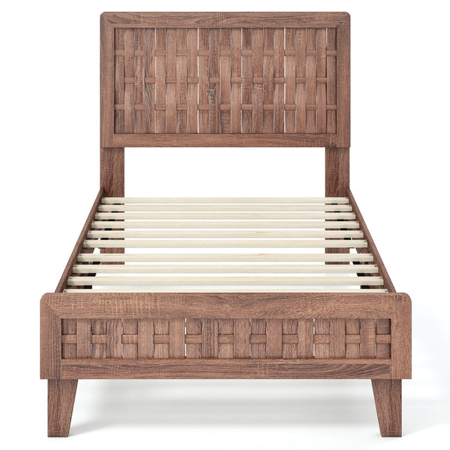Twin Size Bed Frame Mid Century with Woven Accent Headboard