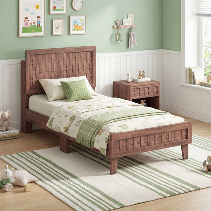 Twin Size Bed Frame Mid Century with Woven Accent Headboard
