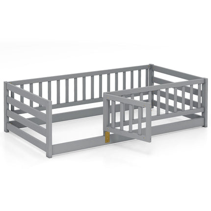 Twin Size Floor Bed with High Fence and Door Playhouse for Kids