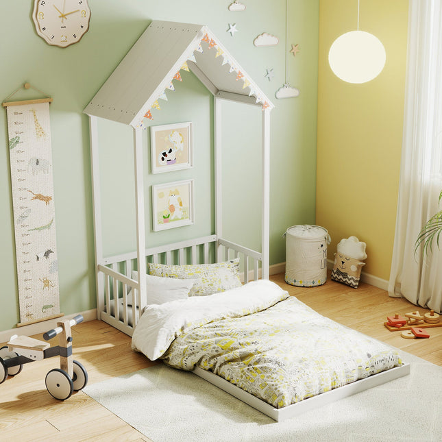 Twin Size House Bed with House Shape Roof and Semi-Fence