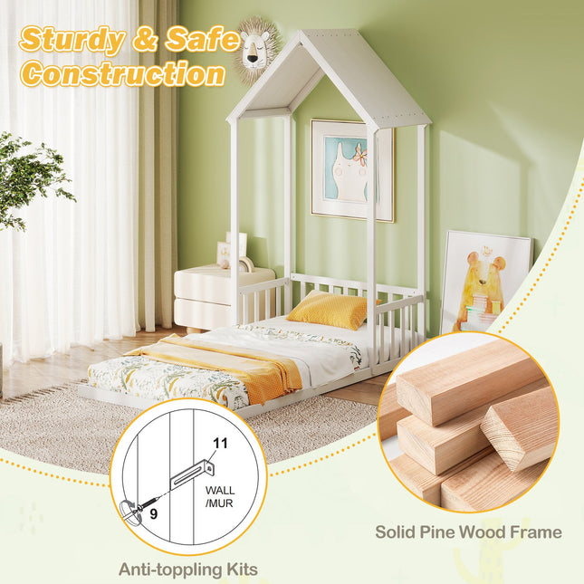 Twin Size House Bed with House Shape Roof and Semi-Fence