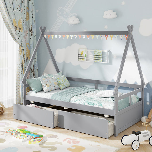 Twin Size House Bed with Roof and Safety Guardrail