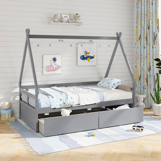 Twin Size House Bed with Roof and Safety Guardrail