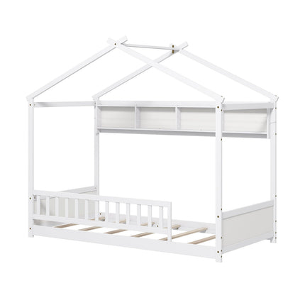 Twin Size House Bed with Storage Shelf and Headboard