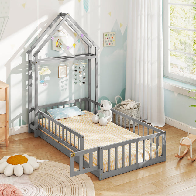 Twin Size House Floor Bed with House-shaped Headboard