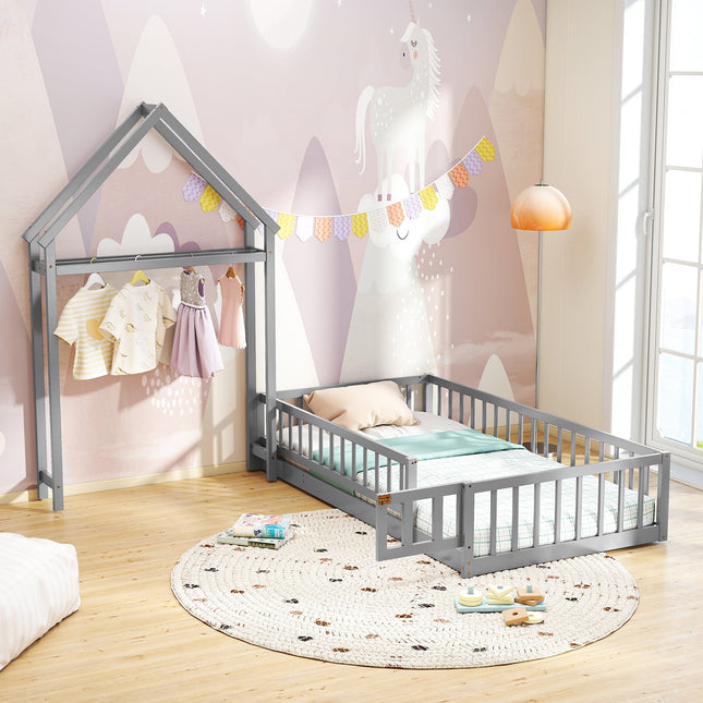 Twin Size House Floor Bed with House-shaped Headboard