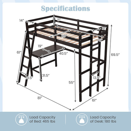 Twin Size Loft Bed Frame with Desk Angled and Built-in Ladder